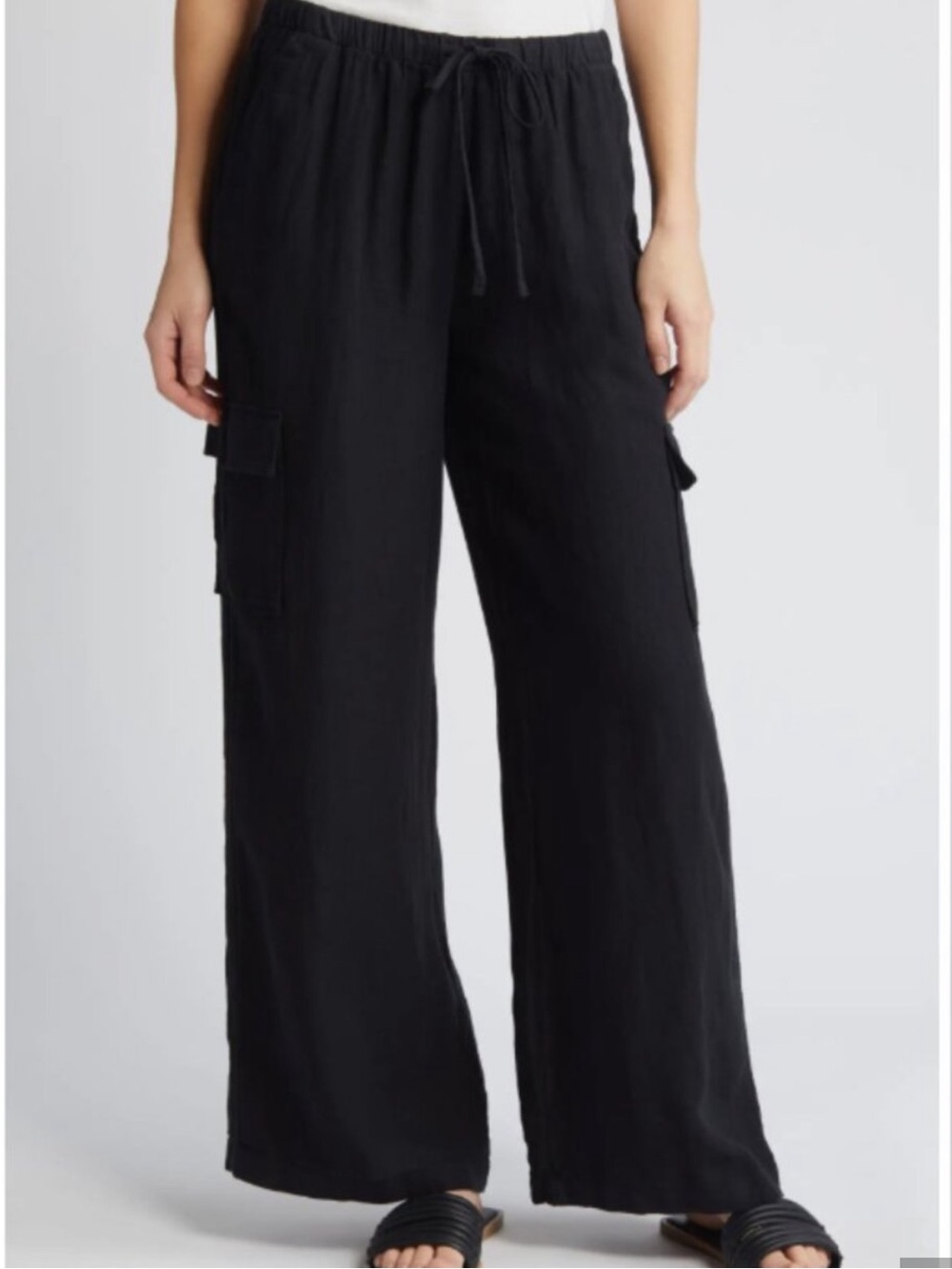 Caslon Wide Leg 100% Linen Cargo Pants Black Sz S Capsule Wardrobe